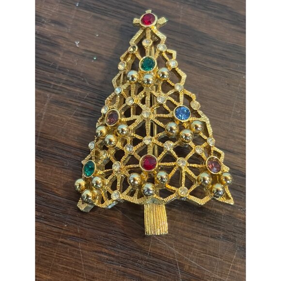 Eisenberg Ice Jewelry - VTG Eisenberg Ice Gold-Tone Christmas Tree Pin Rhinestones & Festive Accents